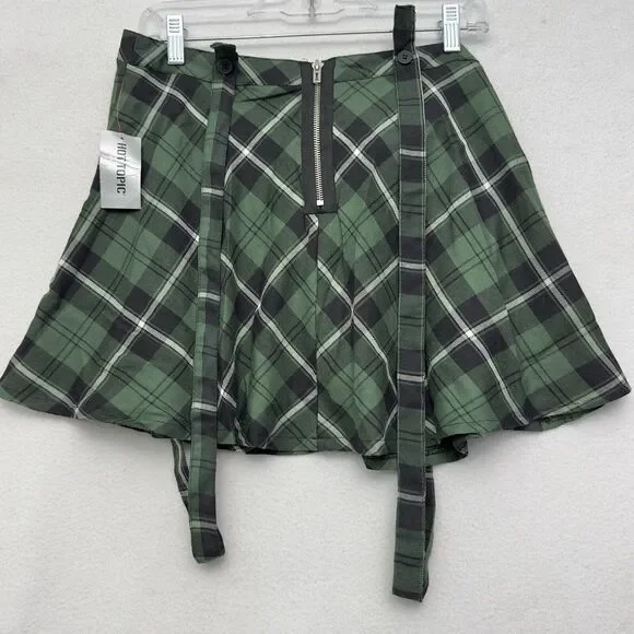 Royal Bones Hot Topic Tartan Plaid Skirt M Green Suspenders School Girl Y2K NEW - Picture 3 of 10